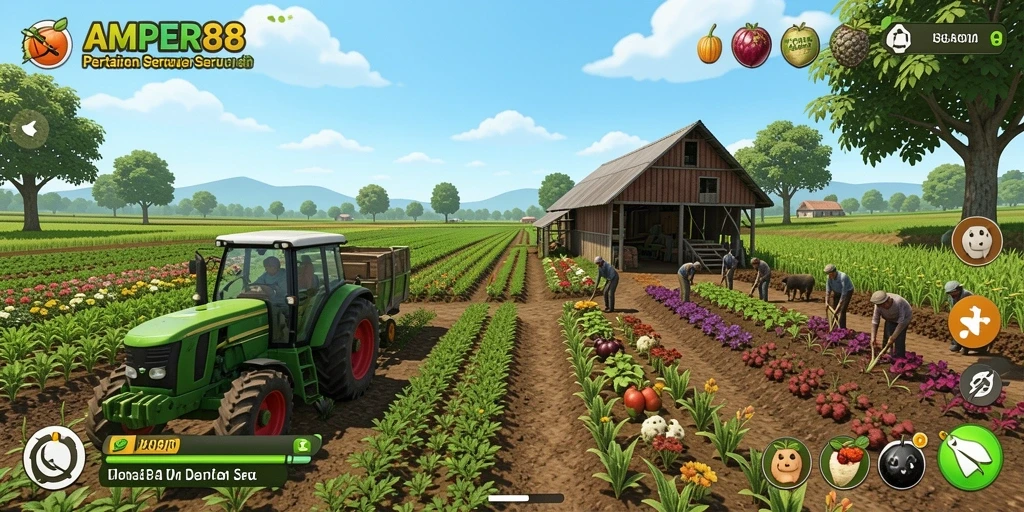 Tampilan gameplay <strong>AMPER88</strong> dengan ladang yang subur dan alat pertanian.