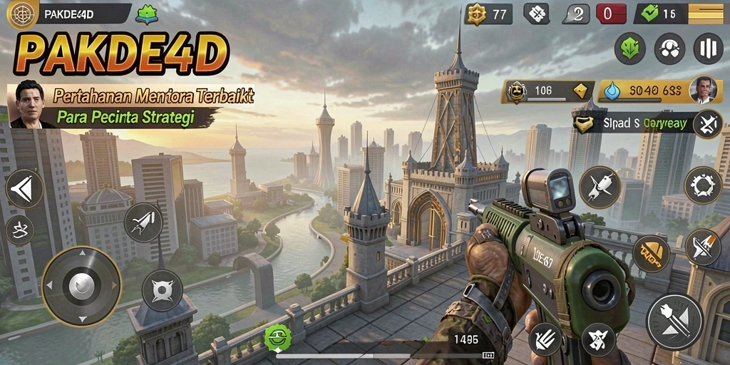 Screenshot utama PAKDE4D menunjukkan aksi menara bertahan melawan serangan musuh.