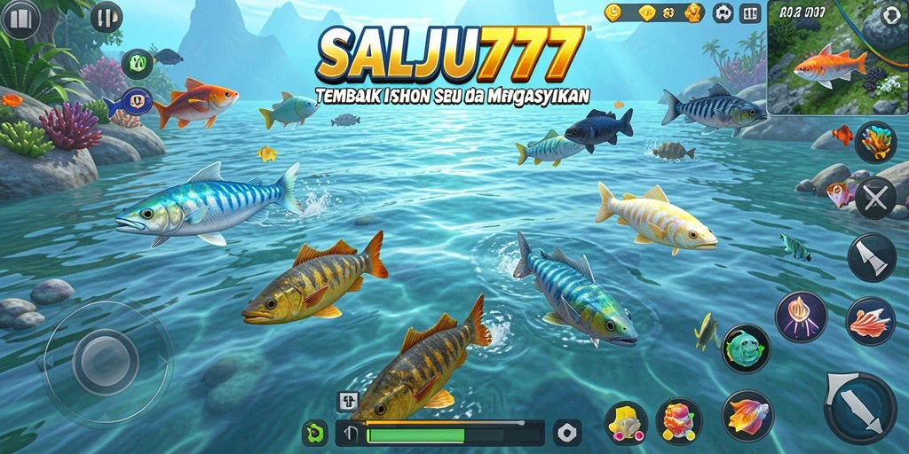 Tangkapan layar utama SALJU777 yang menunjukkan aksi menembak ikan.