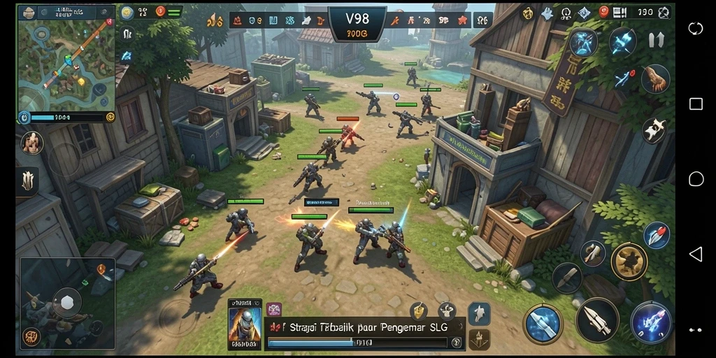 Tampilan gameplay V98 menunjukkan aksi strategi yang intens.