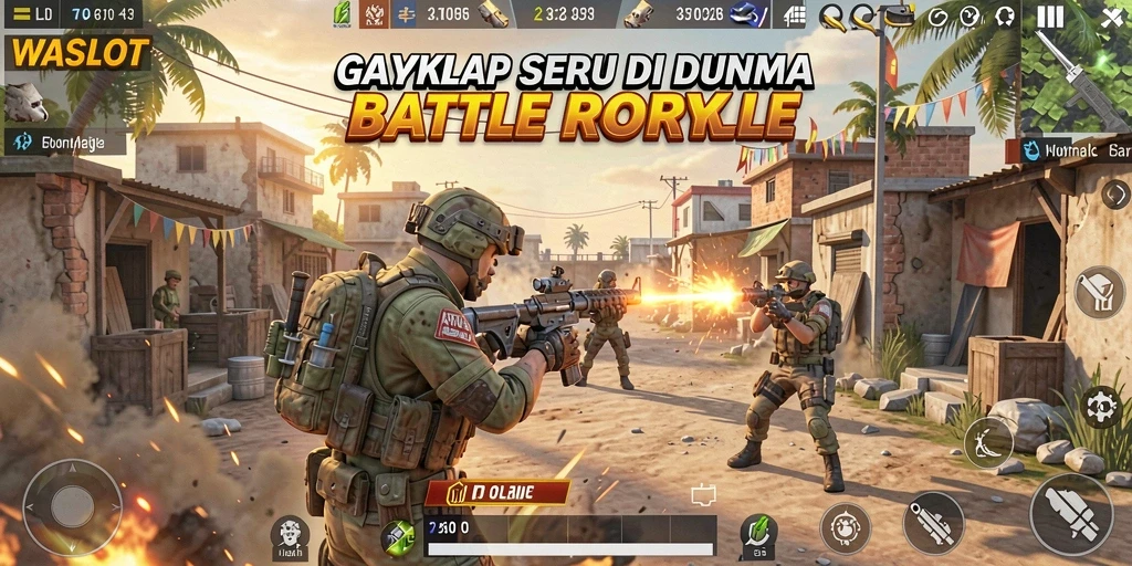Tangkapan layar utama WASLOT menampilkan aksi seru dalam pertempuran Battle Royale.